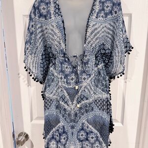 Jessica Simpson Navy and White Tie-Front Swim Coverup with Pom Trim